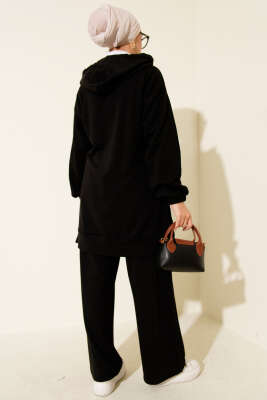 Kapşonlu Fermuar Detaylı İkili Takım Siyah - Thumbnail