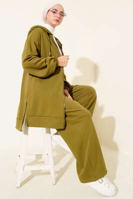 Kapşonlu Fermuar Detaylı İkili Takım Yağ Yeşili - Thumbnail