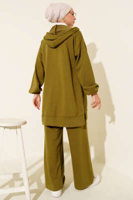 Kapşonlu Fermuar Detaylı İkili Takım Yağ Yeşili - Thumbnail