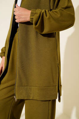 Kapşonlu Fermuar Detaylı İkili Takım Yağ Yeşili - Thumbnail