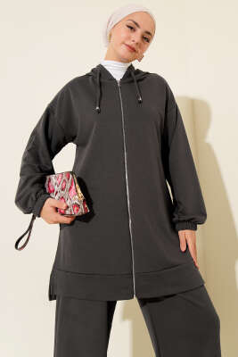 Kapşonlu Fermuar Detaylı İkili Takım Füme - Thumbnail