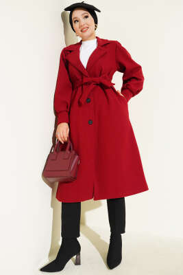 Pazarium - Balon Kollu Uzun Model Kırmızı Kaşe Kaban