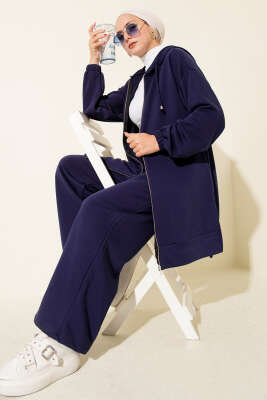 Kapşonlu Fermuar Detaylı İkili Takım Lacivert - Thumbnail