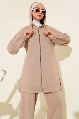 Kapşonlu Fermuar Detaylı İkili Takım Latte - Thumbnail