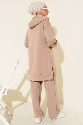 Kapşonlu Fermuar Detaylı İkili Takım Latte - Thumbnail