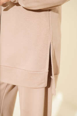 Kapşonlu Fermuar Detaylı İkili Takım Latte - Thumbnail