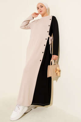 Pazarium - Düğmeli Yandan Bağlamalı Bisiklet Yaka Elbise Bej