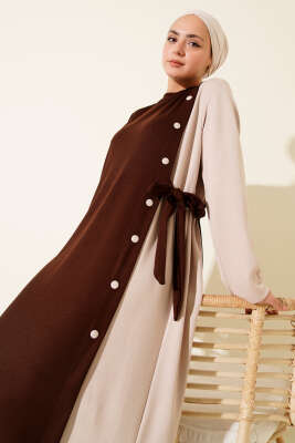 Pazarium - Düğmeli Yandan Bağlamalı Bisiklet Yaka Elbise Kahve