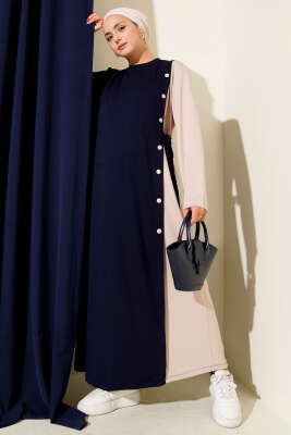 Pazarium - Düğmeli Yandan Bağlamalı Bisiklet Yaka Elbise Lacivert