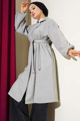 Bilekleri Lastikli Kaşe Kaban Gri - Thumbnail