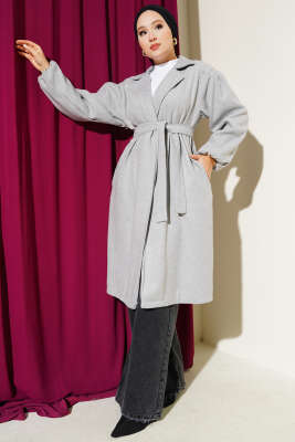 Bilekleri Lastikli Kaşe Kaban Gri - Thumbnail