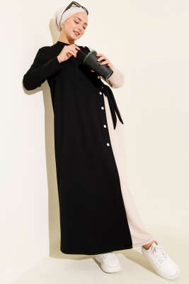 Pazarium - Düğmeli Yandan Bağlamalı Bisiklet Yaka Elbise Siyah