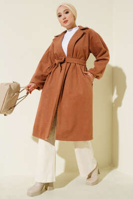 Pazarium - Cepli Kuşaklı Kruvaze Yaka Kaşe Kaban Latte