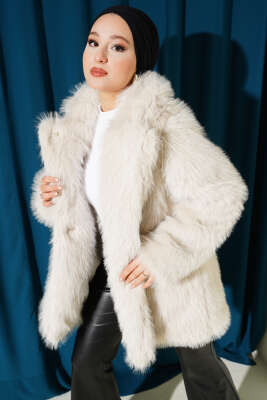 Pazarium - Kruvaze Yaka Düğmeli Kürklü Mont Taş