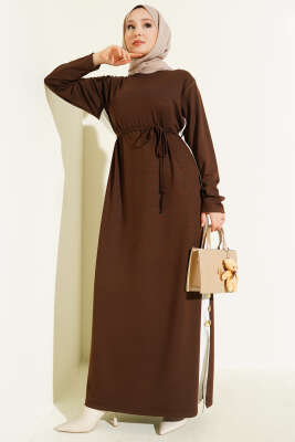 Pazarium - Loyşa Yan Şeritli Elbise Kahve
