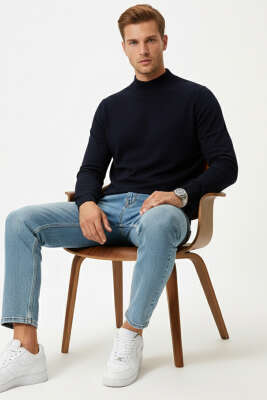 Balıkçı Yaka Basic Triko Erkek Kazak Lacivert - Thumbnail