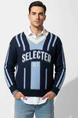 Pazarium - Selected V Yaka Triko Erkek Kazak Lacivert Mavi