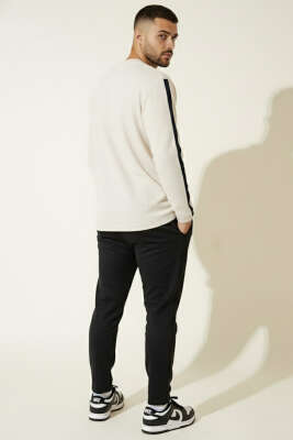 Nakışlı Kol Şeritli Erkek Sweatshirt Bej - Thumbnail