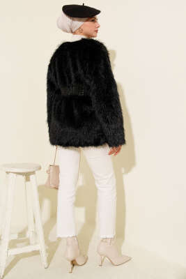 Deri Kemerli Kürklü Mont Siyah - Thumbnail