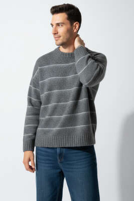 Pazarium - Yatak Çizgili Yumoş Triko Erkek Kazak Antrasit