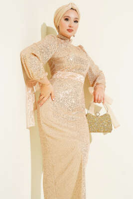 Pazarium - Dik Yaka Kuşaklı Pul Payet Abiye Elbise Bej