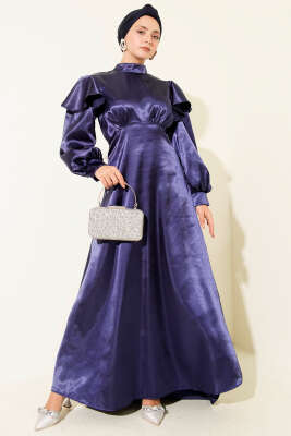 Omuz Fırfırlı Saten Abiye Elbise Lacivert - Thumbnail