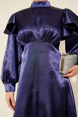 Omuz Fırfırlı Saten Abiye Elbise Lacivert - Thumbnail