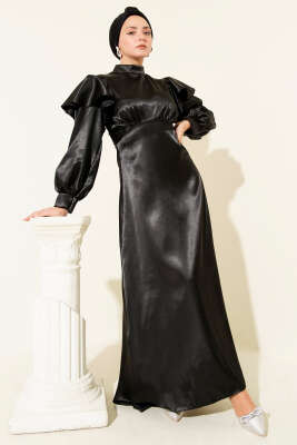 Pazarium - Omuz Fırfırlı Saten Abiye Elbise Siyah