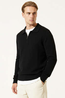 Pazarium - Polo Yaka Fermuarlı Triko Kazak Siyah