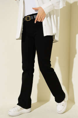 Pazarium - Kemerli İspanyol Paça Kot Pantolon Siyah