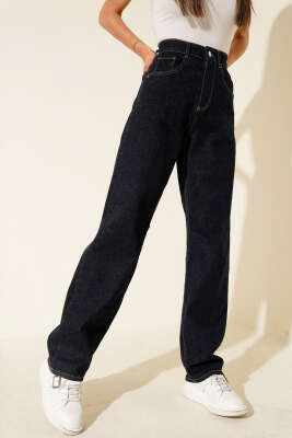 Pazarium - Kemer Tokalı Mom Kot Pantolon Lacivert