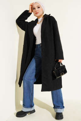 Pazarium - Kruvaze Yaka Düğme Detaylı Kaşe Kaban Siyah