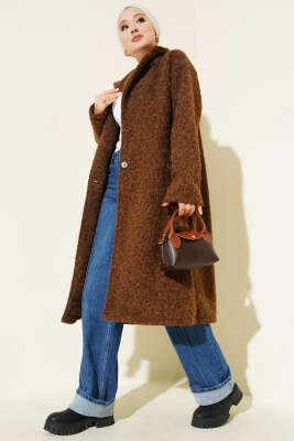 Pazarium - Kruvaze Yaka Düğme Detaylı Kaşe Kaban Taba