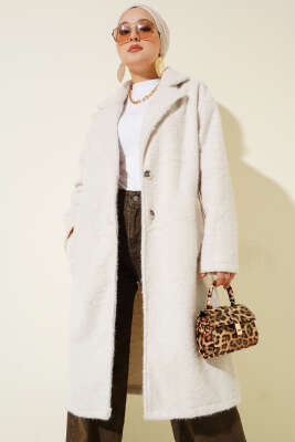 Pazarium - Kruvaze Yaka Düğme Detaylı Kaşe Kaban Taş