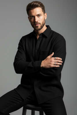 Cepli Cotton Erkek Gömlek Siyah - Thumbnail