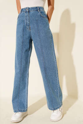 Pazarium - Geniş Paça Mini Taşlı Kot Pantolon Mavi