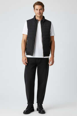 Fermuarlı Çift Cepli Erkek Yelek Siyah - Thumbnail