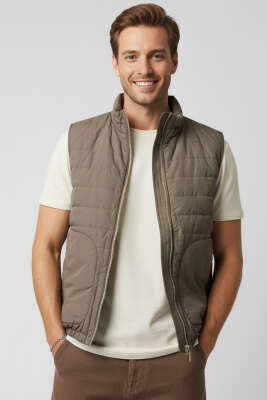 Pazarium - Fermuarlı Çift Cepli Erkek Yelek Kahve