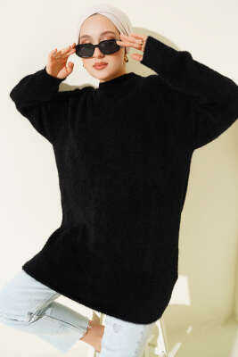 Pazarium - Bisiklet Yaka Sakal Detaylı Kazak Siyah