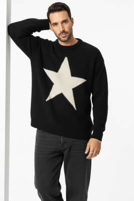 Yıldızlı Örgü Triko Erkek Kazak Siyah - Thumbnail