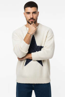 Pazarium - Yıldızlı Örgü Triko Erkek Kazak Krem