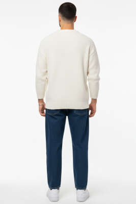 Yıldızlı Örgü Triko Erkek Kazak Krem - Thumbnail