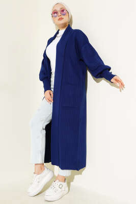 Pazarium - Kol Ucu Düğmeli Şal Yaka Triko Hırka Lacivert