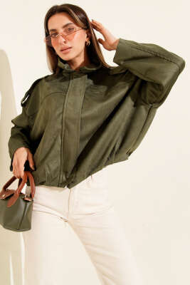 Pazarium - Gömlek Yaka Fermuarlı Süet Ceket Haki