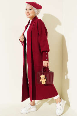 Pazarium - Kol Ucu Düğmeli Şal Yaka Triko Hırka Bordo
