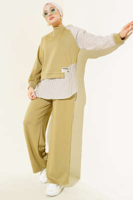 Loyşa Çizgi Garnili Tunik İkili Takım Çağla Yeşili - Thumbnail