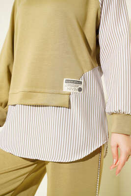 Loyşa Çizgi Garnili Tunik İkili Takım Çağla Yeşili - Thumbnail