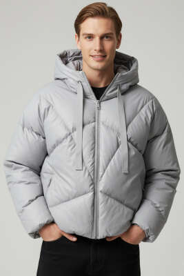 Pazarium - Kapüşonlu Deri Erkek Şişme Mont Gri