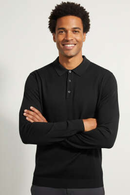 Pazarium - Gömlek Yaka Merserize Triko Erkek Kazak Siyah