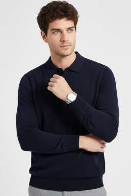 Pazarium - Gömlek Yaka Merserize Triko Erkek Kazak Lacivert